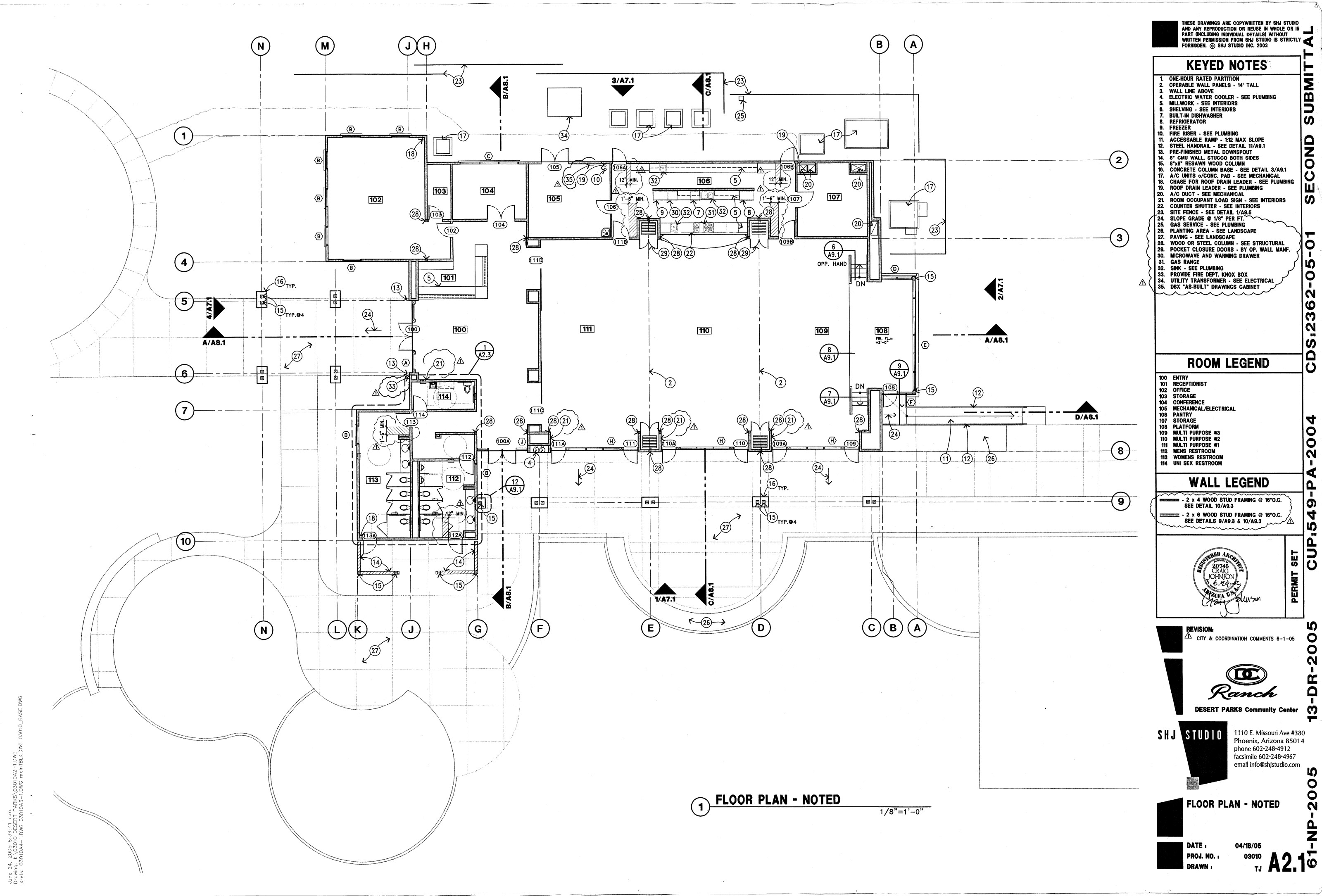 Original 2005 floor plan — Desert Parks Community Center, sheet A2.1 by SHJ Studio